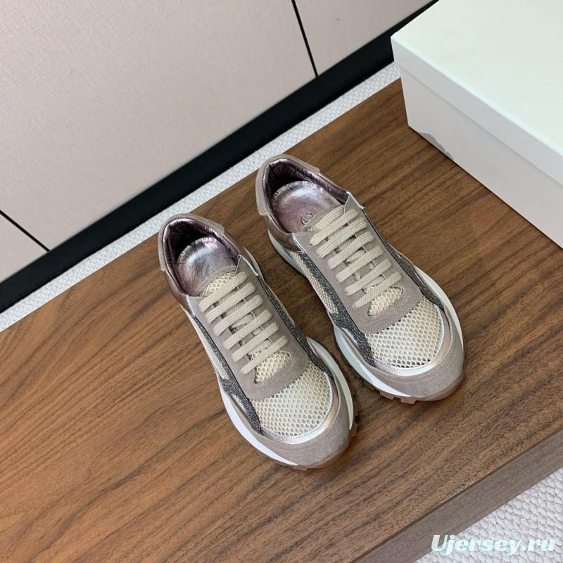 2025 Women Brunello Cucinelli Beige Brown Mesh Leather Sneakers