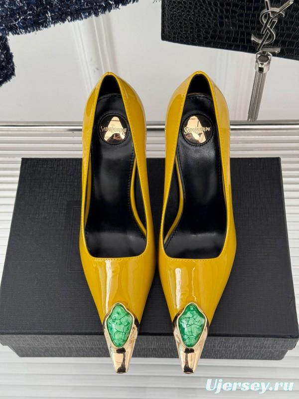 2024 Women Yves Saint Laurent Yellow Patent Leather High Heels