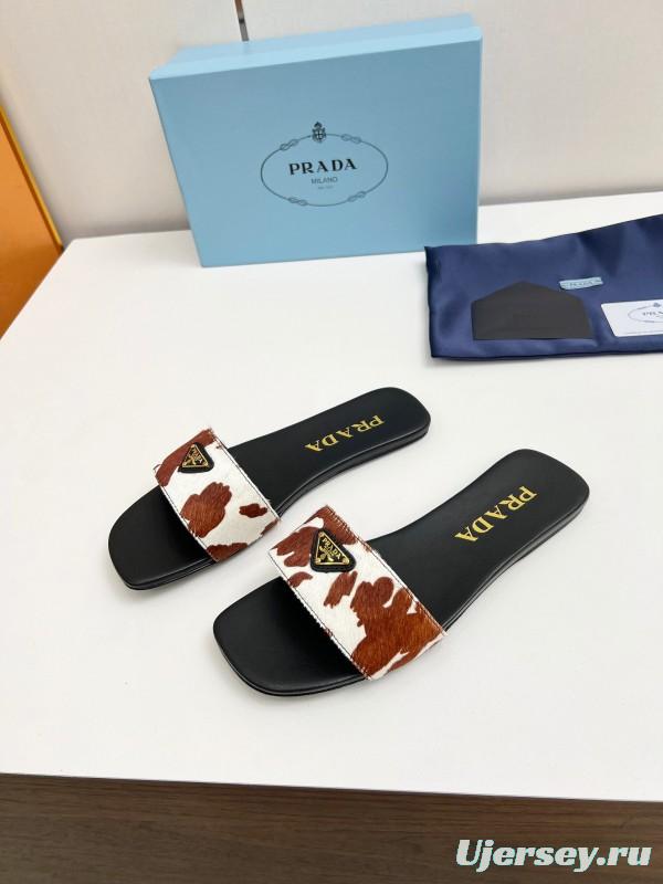 2025 Women Prada Brown White Calf Hair Leather Slippers LY00220