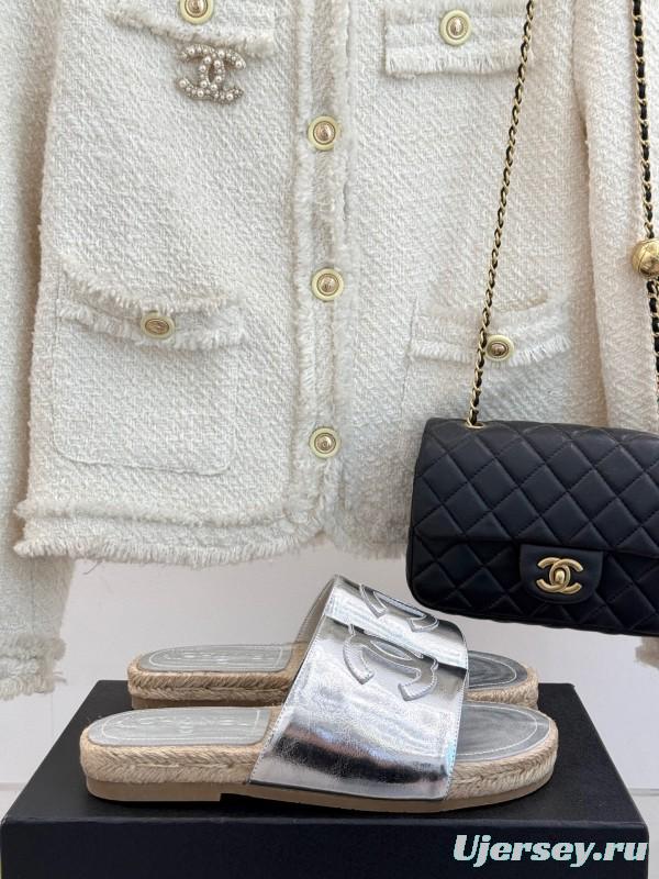 2025 Slippers Chanel Silver Leather Espadrille CC KFY00230