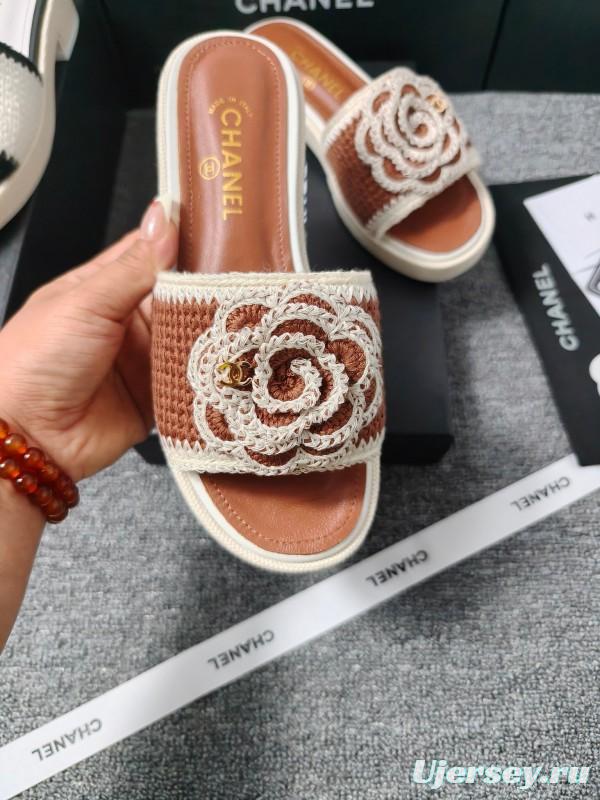 2025 Women Chanel Brown White Leather Slippers