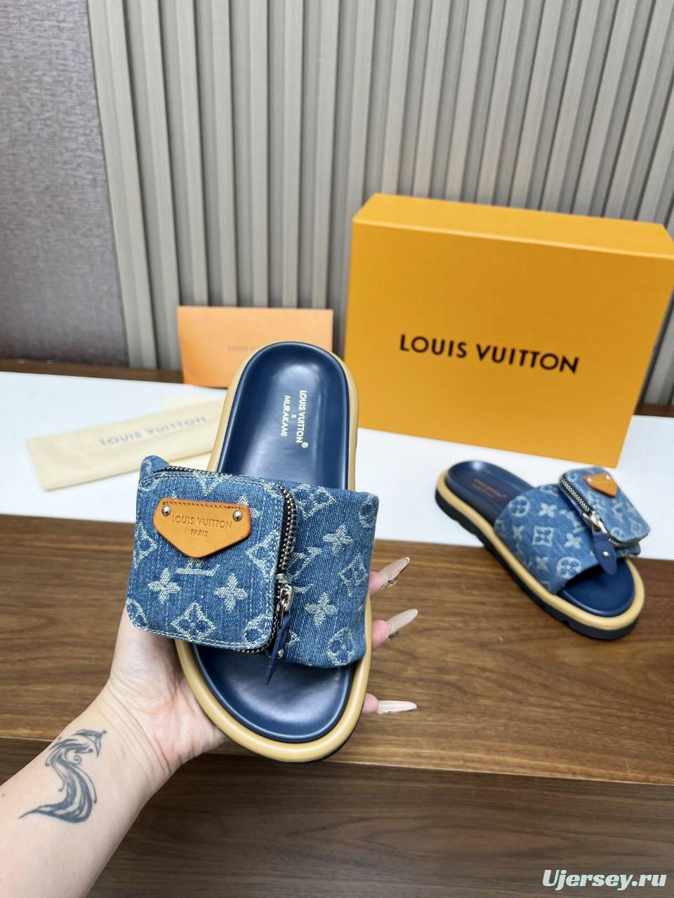 2025 LV Blue Denim Leather Slippers