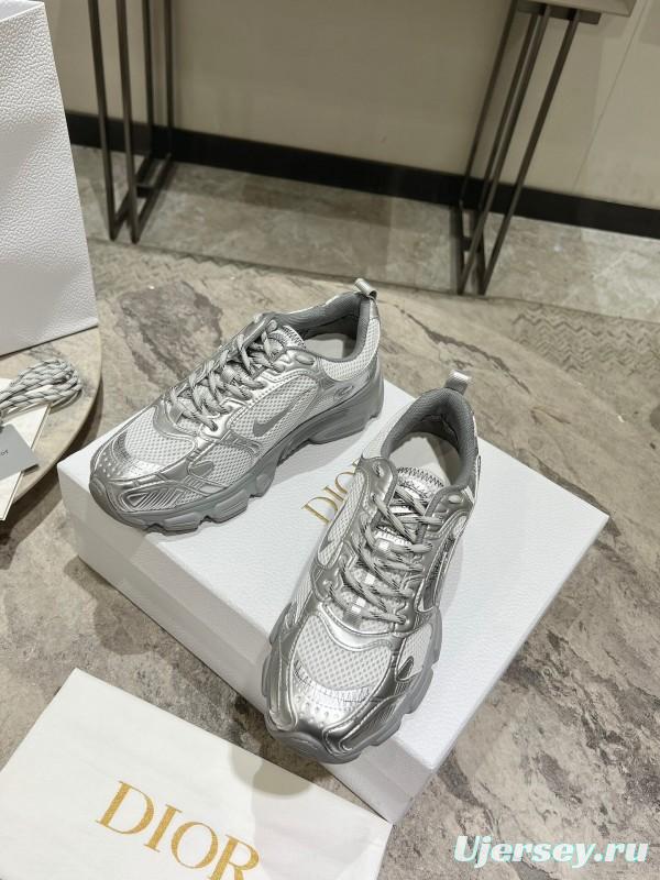 2025 Women Dior Silver Mesh Leather Sneakers