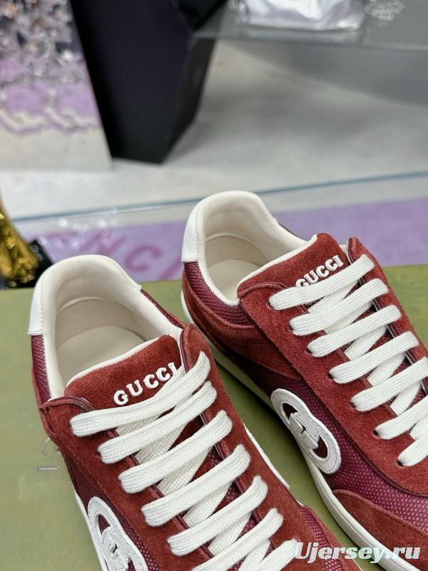 2024 Unisex Gucci Red Burgundy White Leather Suede Sneakers MJ00310