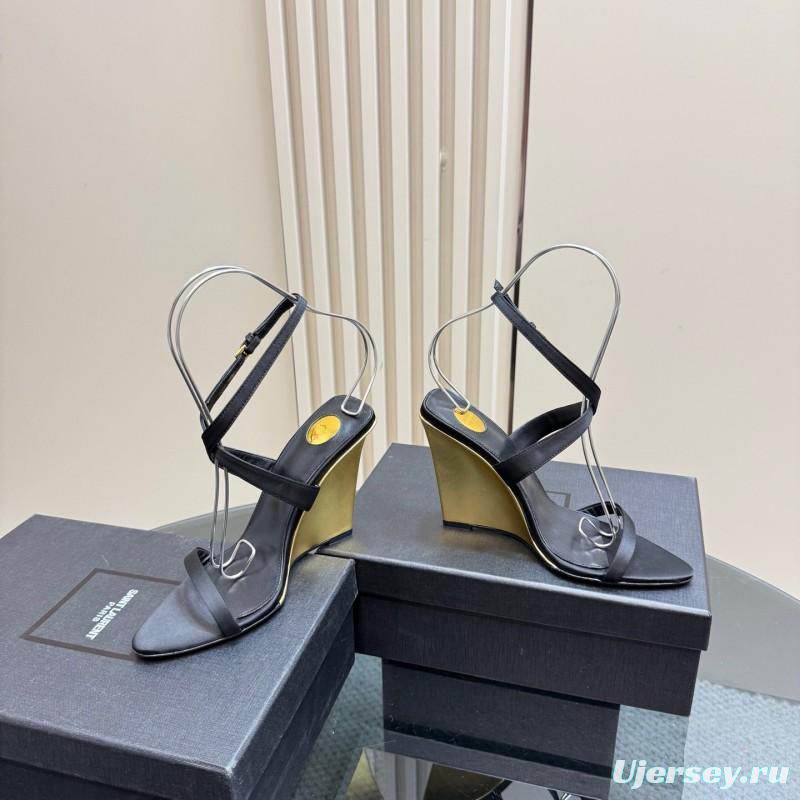 2025 Women Yves Saint Laurent Black And Gold Wedge Sandals Premium Leather Elegant Design LY00360(F)