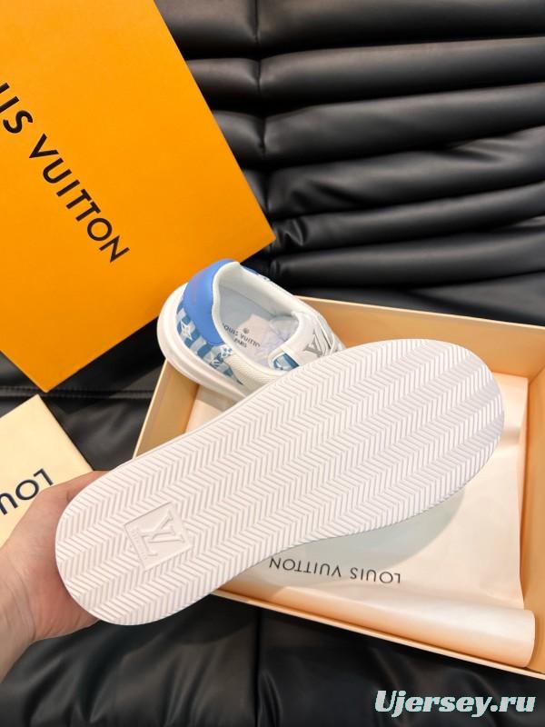 2024 Unisex Louis Vuitton White Blue Cow Leather Mesh Sneakers MJ00400