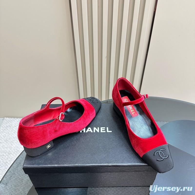 2025 Women Chanel Red Black Suede Leather Mary Jane Exclusive KFY00290