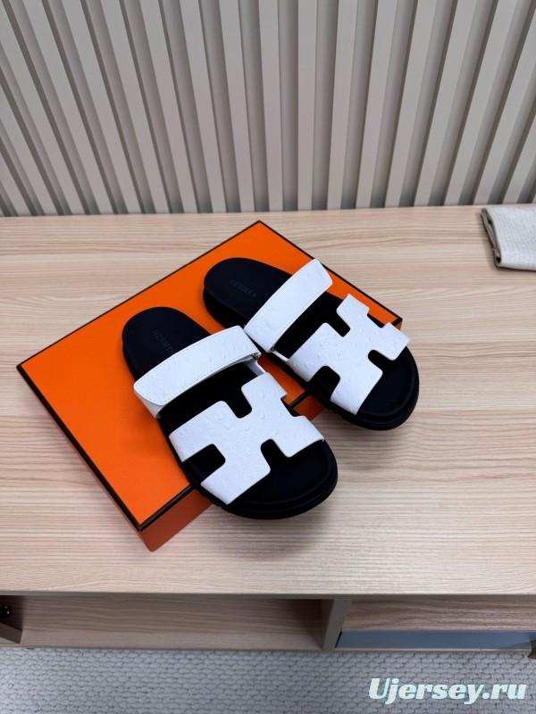 2025 Slippers Hermès Black White Leather Slippers
