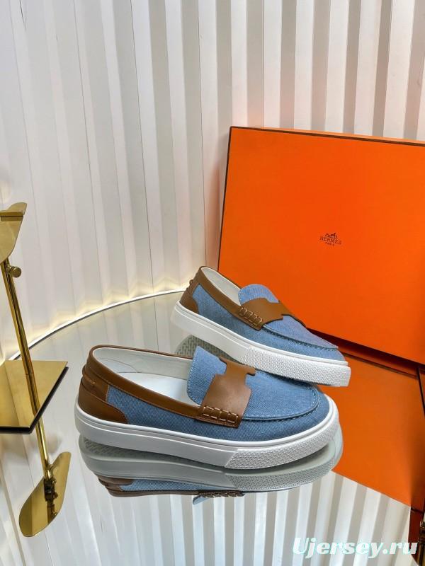 2025 Women Hermès Blue Brown Leather Canvas Loafer LY00310