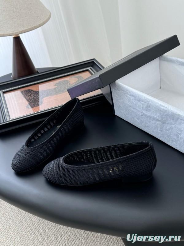 2025 Women Chanel Black Mesh Ballet Flats LY00280