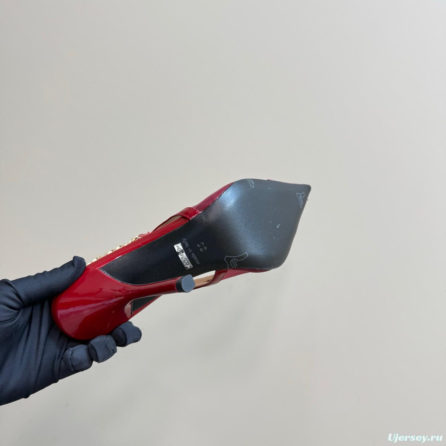 2025 Women Gucci Red Patent Leather Pointed Toe Slingback High Heel Pumps With Chain Detail KFY00300(F)