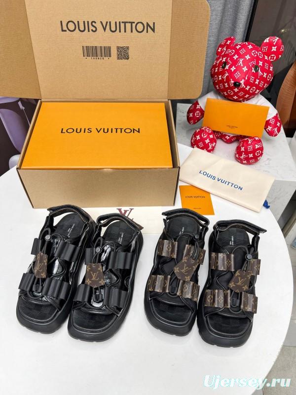2025 Women Louis Vuitton Black Brown Canvas Leather Sandals LY00310