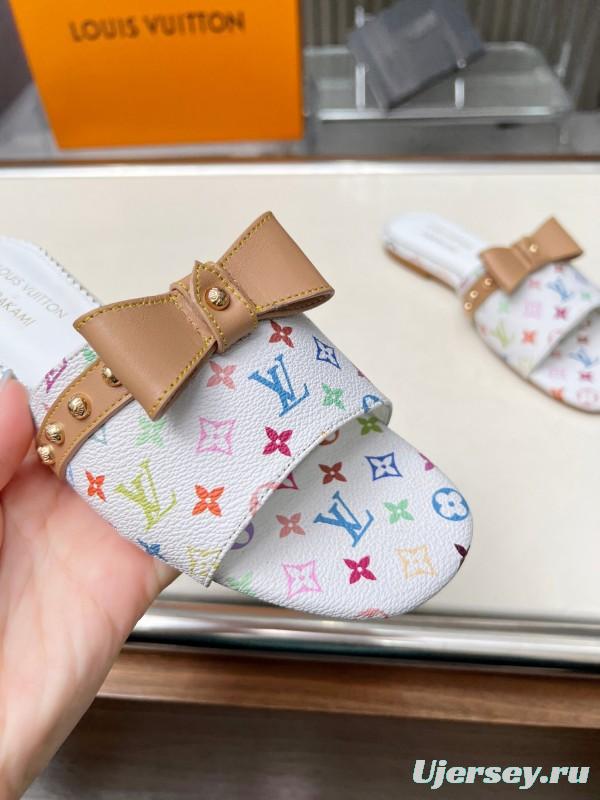 2025 Women Louis Vuitton White Multicolor Leather Slippers Monogram LY00200