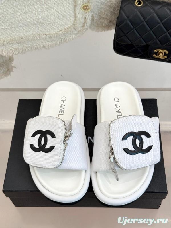 2025 CHANEL White Canvas Slippers KFY00220