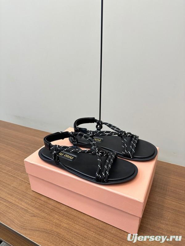 2025 Women Miu Miu Black Leather Rope Sandals
