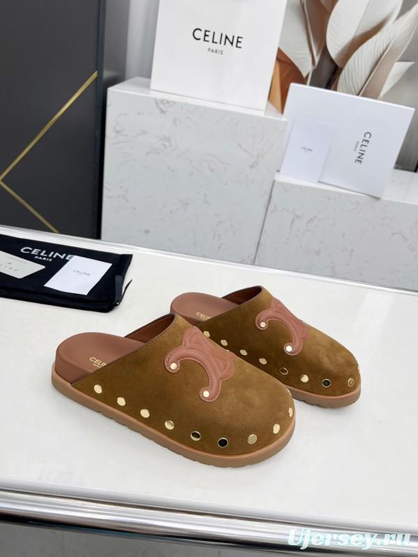 2025 Slippers Celine Brown Pink Suede Leather Studded LY00240