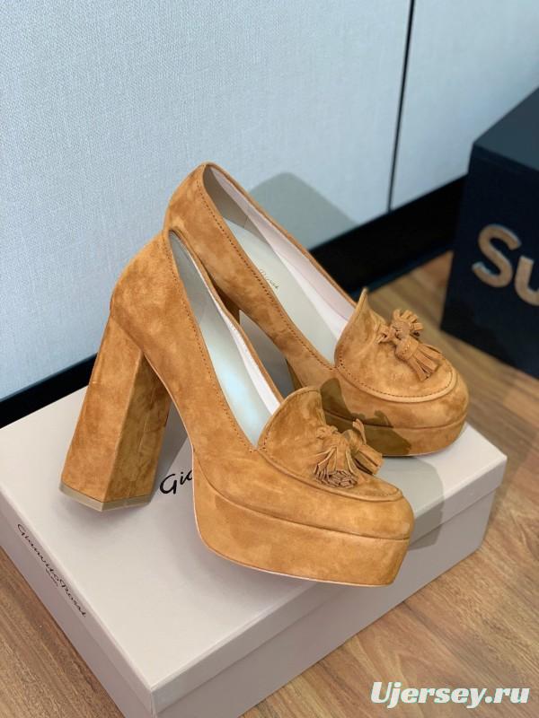 2025 Women Gianvito Rossi Brown Suede Platform Tassel Loafer