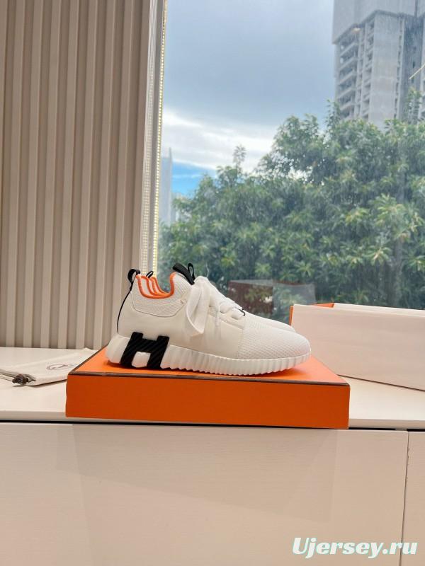 2024 Unisex Hermès White Black Orange Calf Suede Sneakers MJ00290