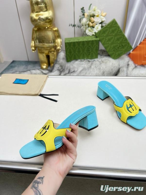 2025 Gucci Blue Yellow Leather Slippers