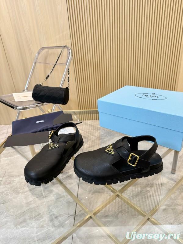 2025 Women Prada Black Leather Sandals LY00280