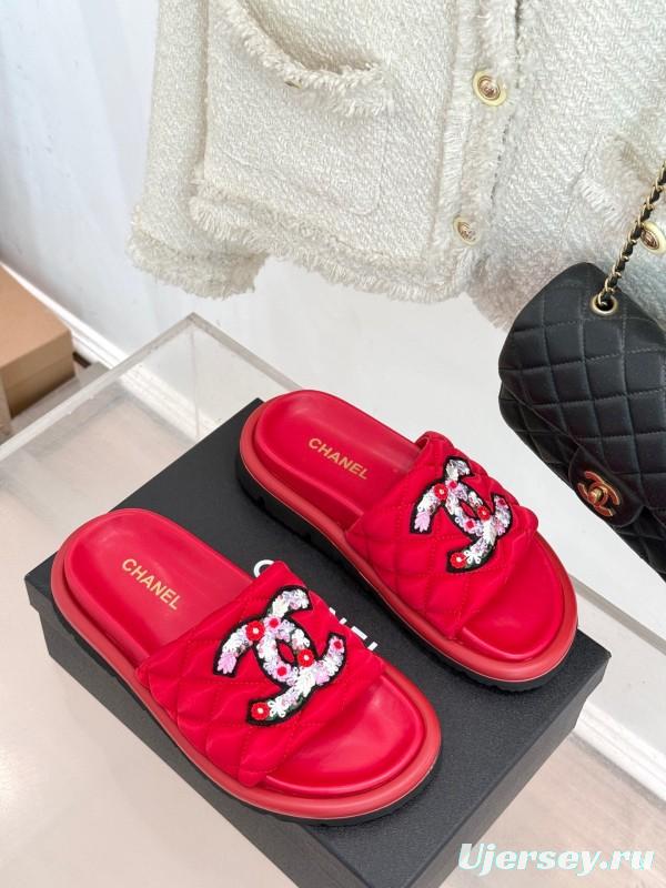 2025 Slippers Chanel Red Quilted Sequins Slide KFY00261