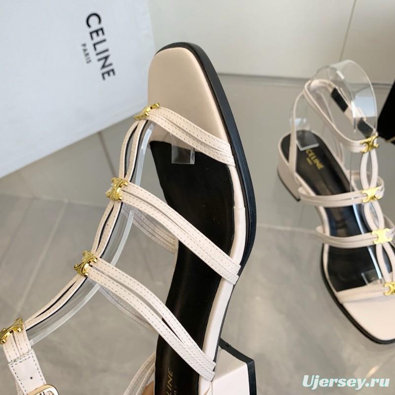 2025 Women CELINE White Leather Sandals Metal Detail KFY00300