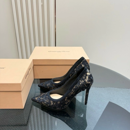 2025 Women Gianvito Rossi Black Lace Leather High Heel KFY00280