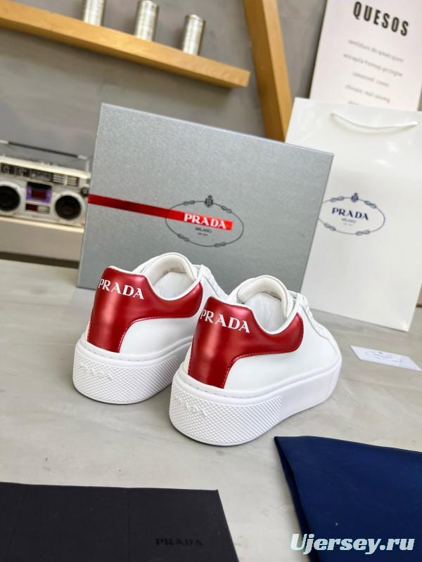 2024 Unisex Prada White Red Calfskin Silk Thick Sole Sneakers MJ00310