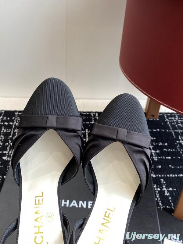 2025 Women Chanel Black Satin Leather High Heels Bow Slingback KFY00289