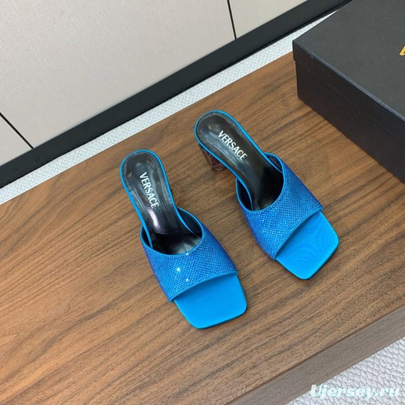 2025 Women VERSACE Blue Satin Slippers