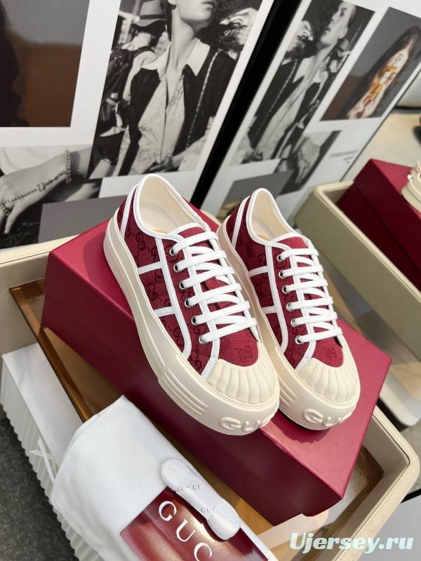 2025 Women Gucci Burgundy Canvas Rubber Sole Thick Platform Sneakers Handcrafted LY00270