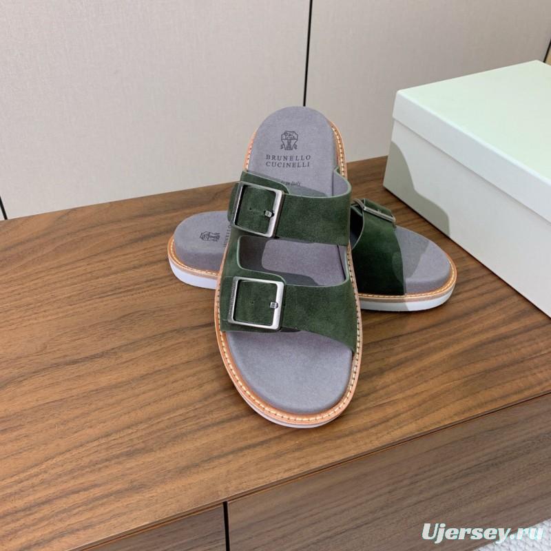 2025 Unisex Brunello Cucinelli Green Suede Leather Slippers KFY00250