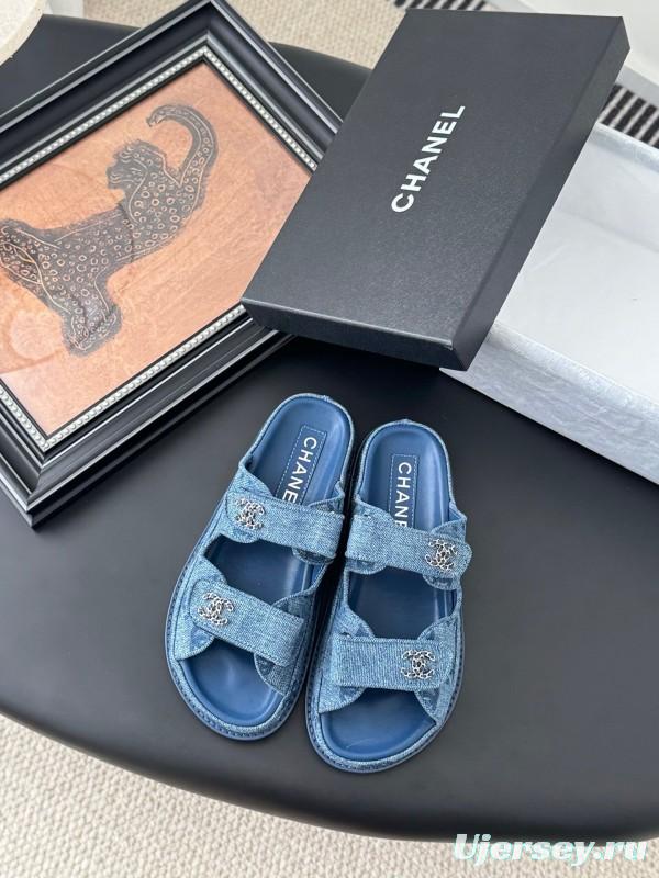 2025 Women Chanel Blue Denim Leather Slippers LY00310
