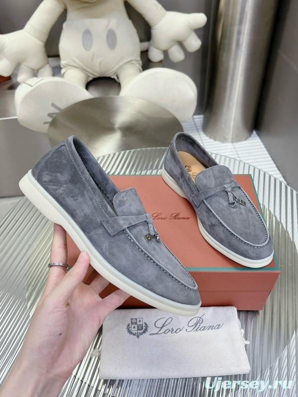 2024 Unisex Loro Piana Grey Suede Loafers MJ00270