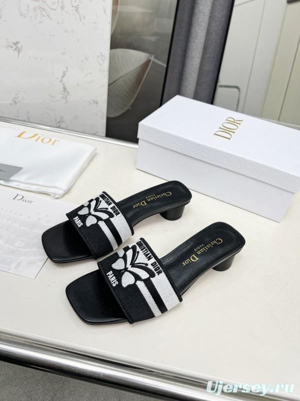 2025 Women Dior Black White Fabric Leather Mid-heel LY00200