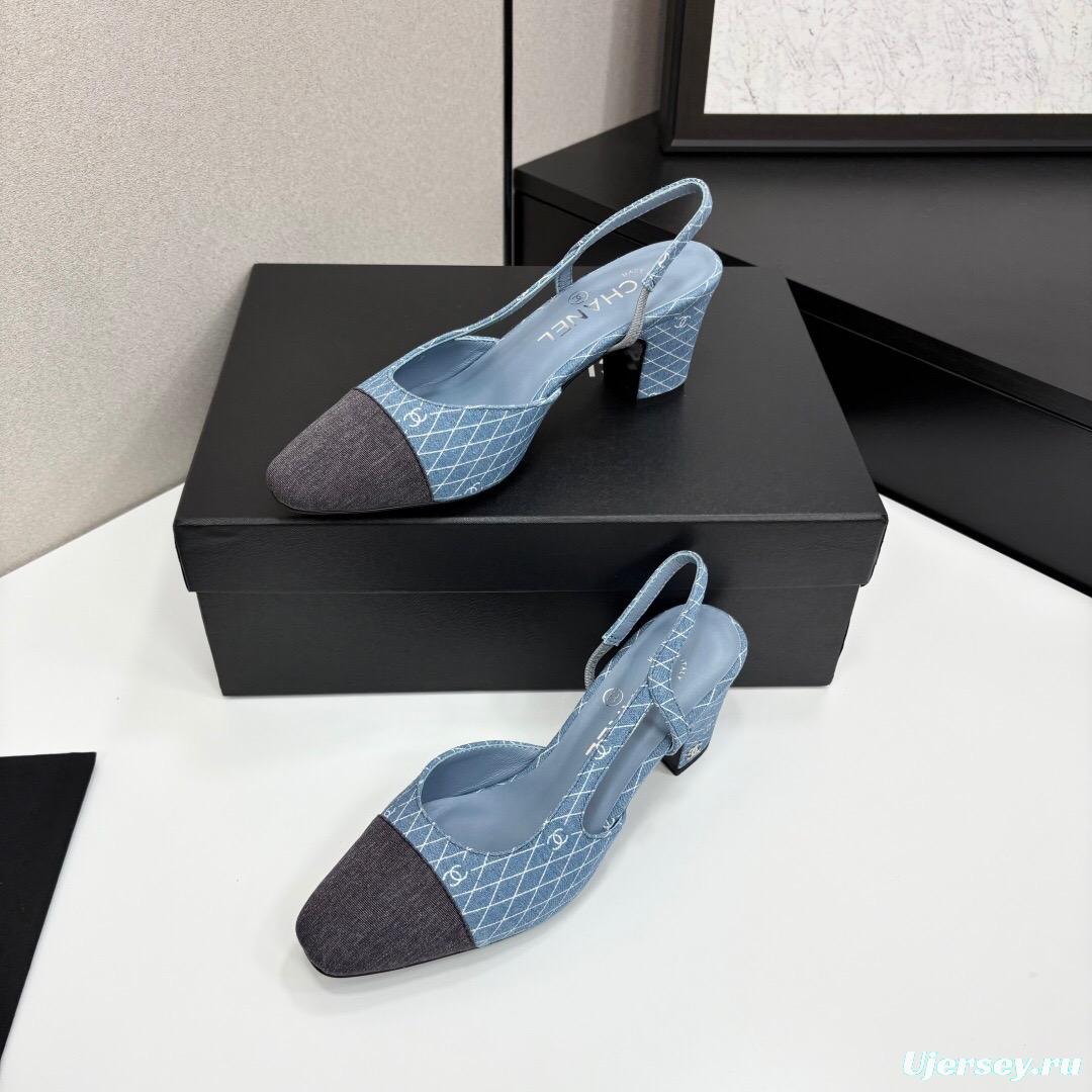 2025 Women Chanel Blue Grey Denim Leather Slingback Shoes