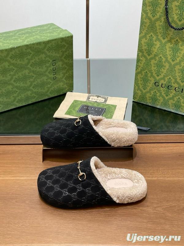 2024 Slippers Gucci Black Shearling GG Pattern