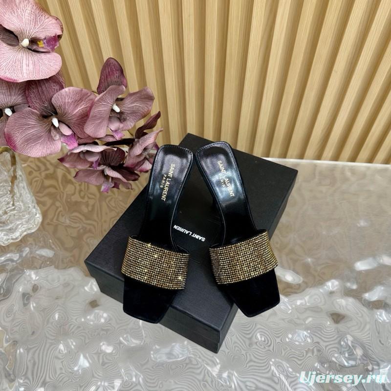 2025 Women Yves Saint Laurent Black Gold Rhinestone Leather High Heel Sandals MJ00300