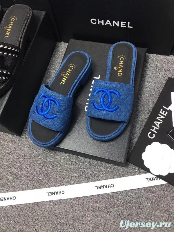 2025 Women Chanel Blue Fabric Slippers LY00000
