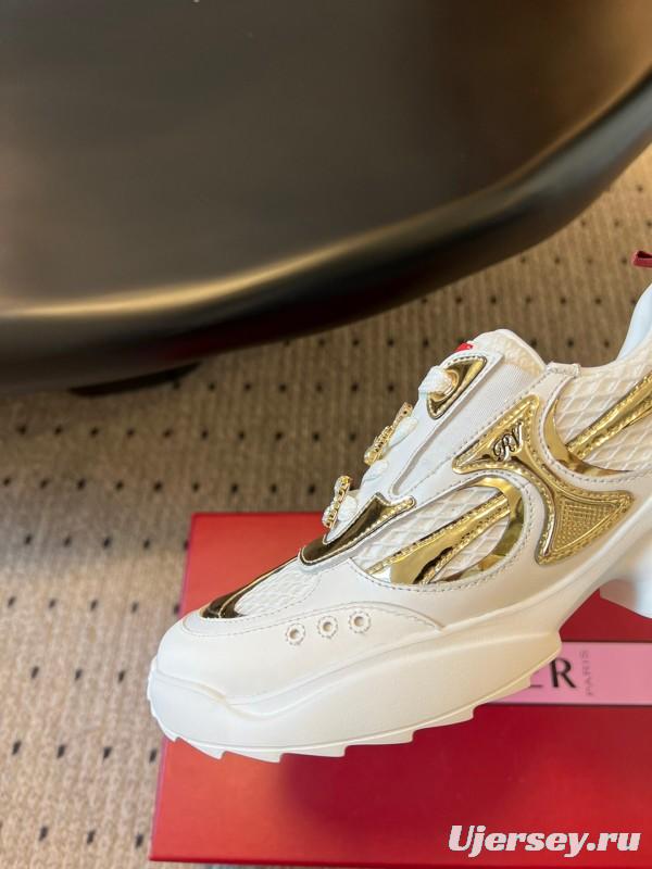 2025 Women Roger Vivier White Gold Leather Mesh Sneakers KFY00380