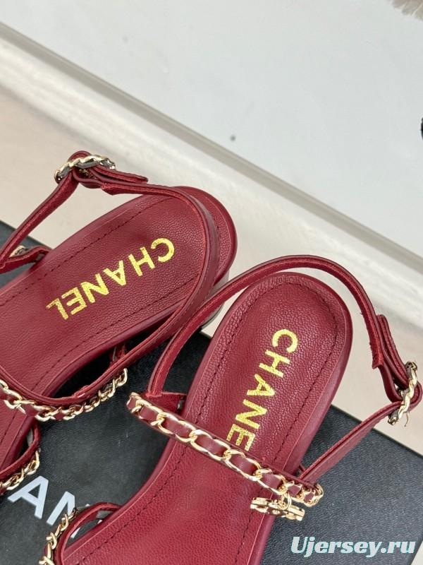 2025 Women Chanel Red Leather Chain Strap Sandals KFY00270