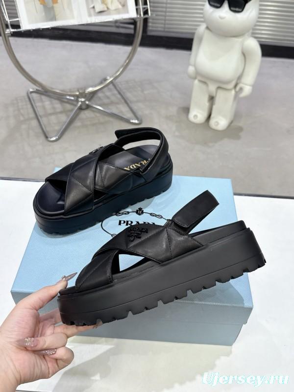 2025 Women Prada Black Leather Sandals