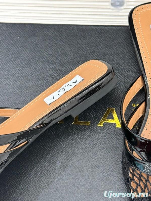 2025 Women AlAIA Black Leather Mesh Flat Mule KFY00260