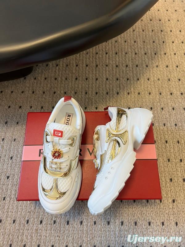 2025 Women Roger Vivier White Gold Leather Mesh Sneakers KFY00380