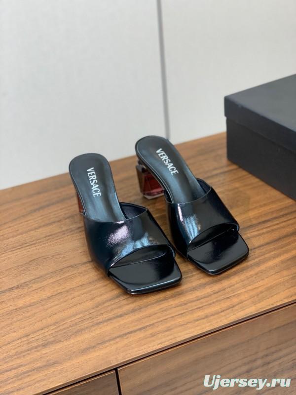 2025 VERSACE Black Leather Slippers