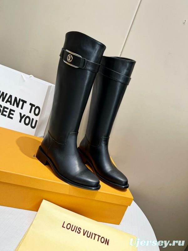 2024 Women Louis Vuitton Black Full Grain Leather Knee High Boots MJ00400