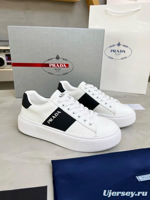 2024 Unisex Prada White Black Silk Calfskin Leather Sneakers MJ00310