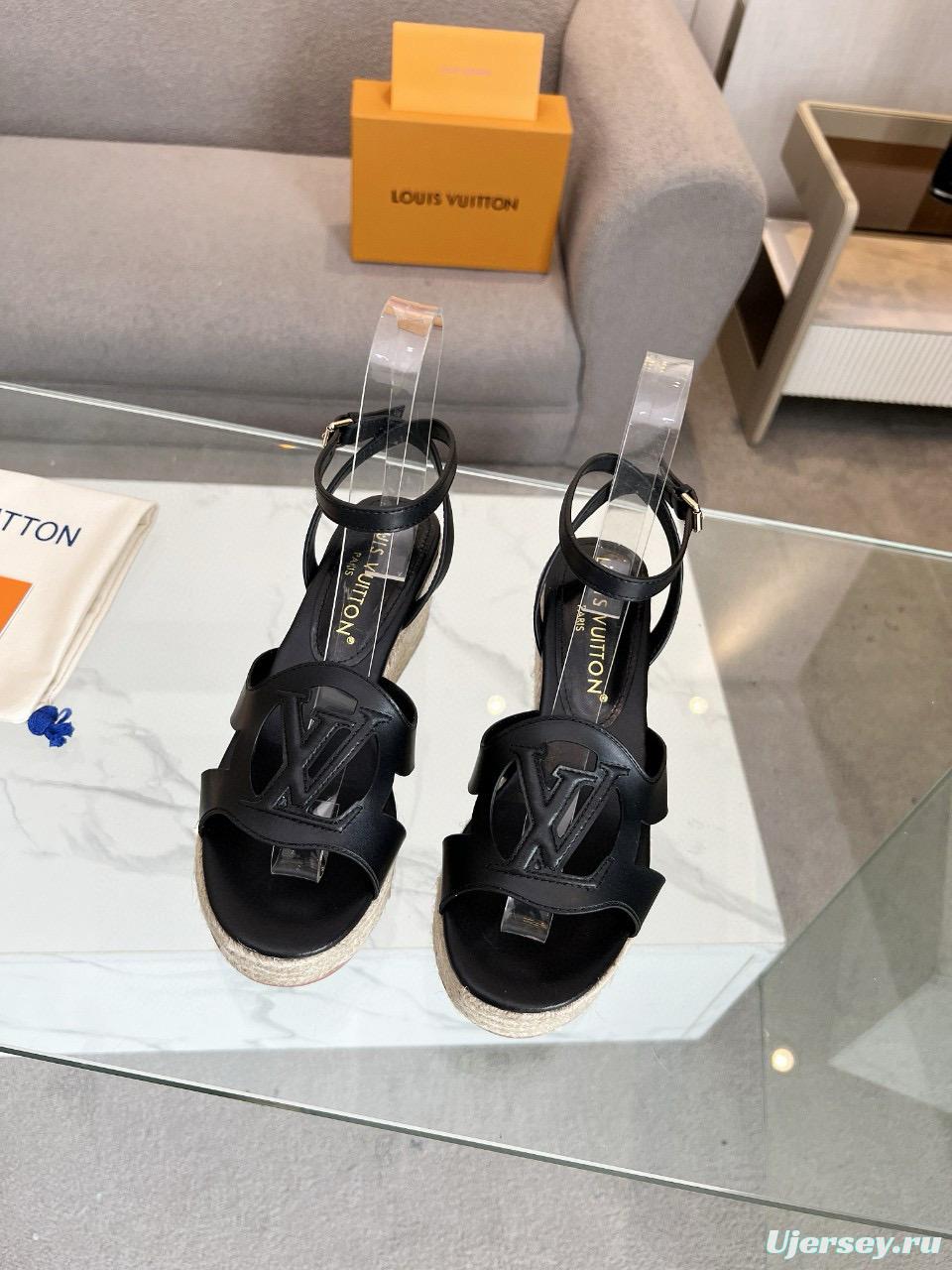 2025 Women Louis Vuitton Black Leather Espadrilles Sandals MJ00280