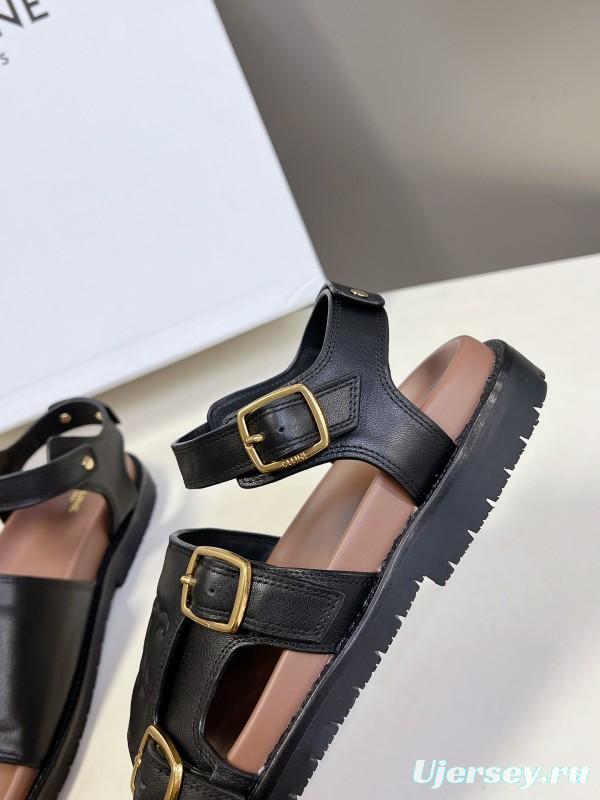 2025 Women Celine Black Leather Sandals Buckle KFY00280
