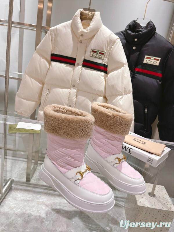 2024 Women Gucci Pink White Leather Shearling Snow Boots